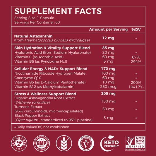 Supplement facts label with various health benefits and ingredients on a red background