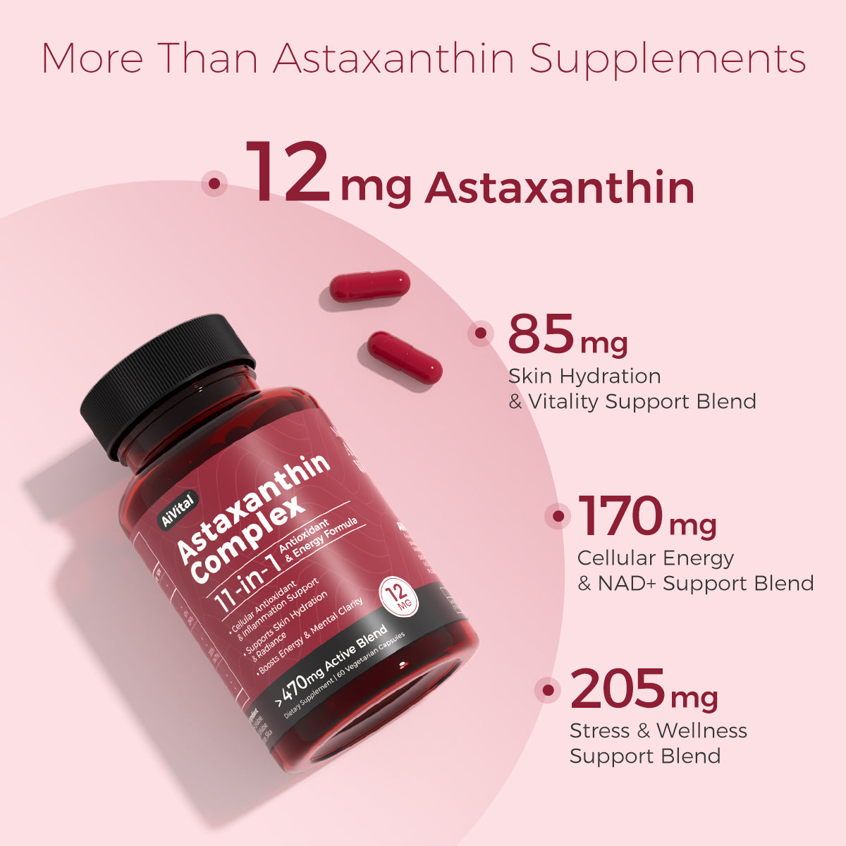 Vitaking Astaxanthin Complex supplement bottle with astaxanthin content details on a pink background