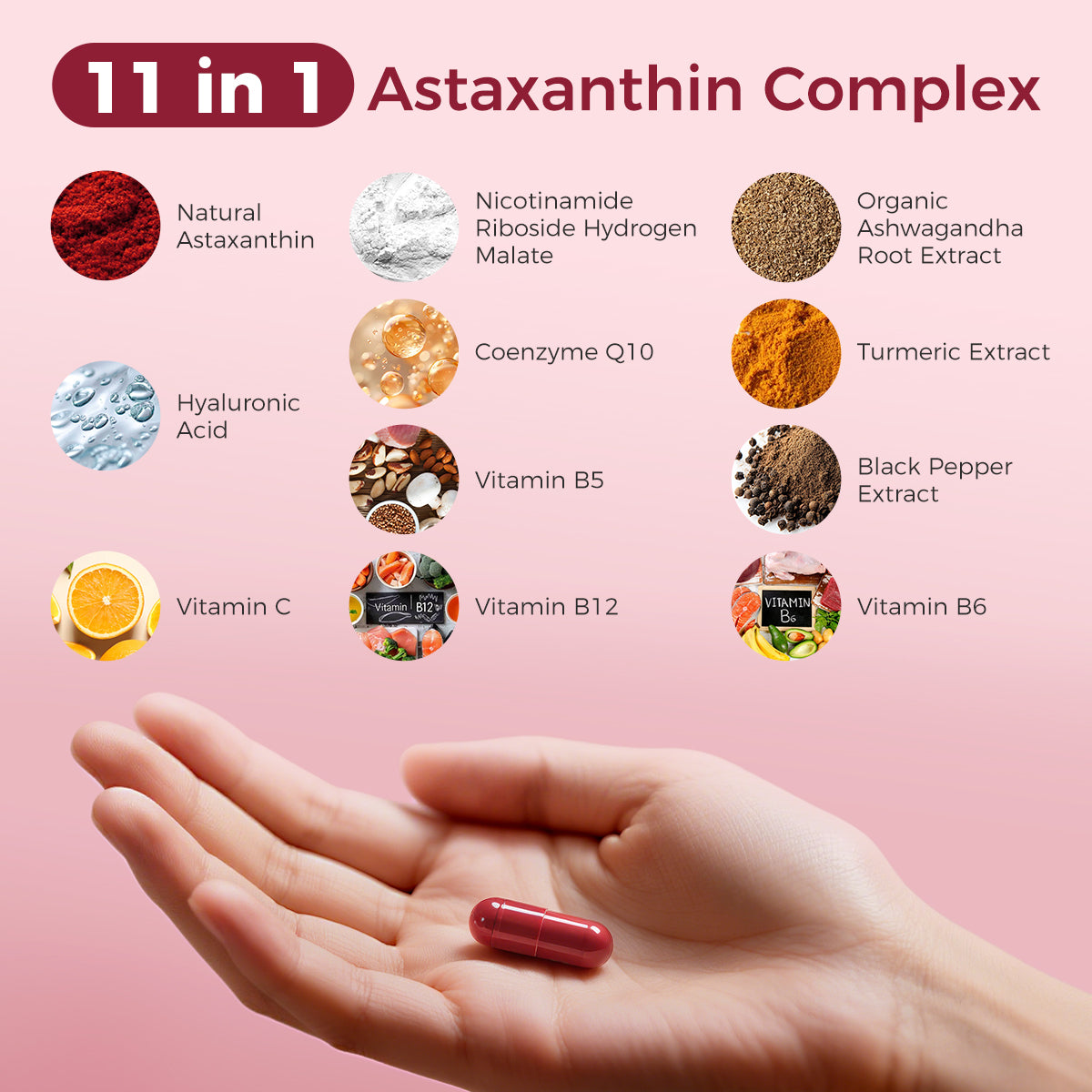 11-in-1 Astaxanthin Complex with a hand holding a supplement capsule on a pink background