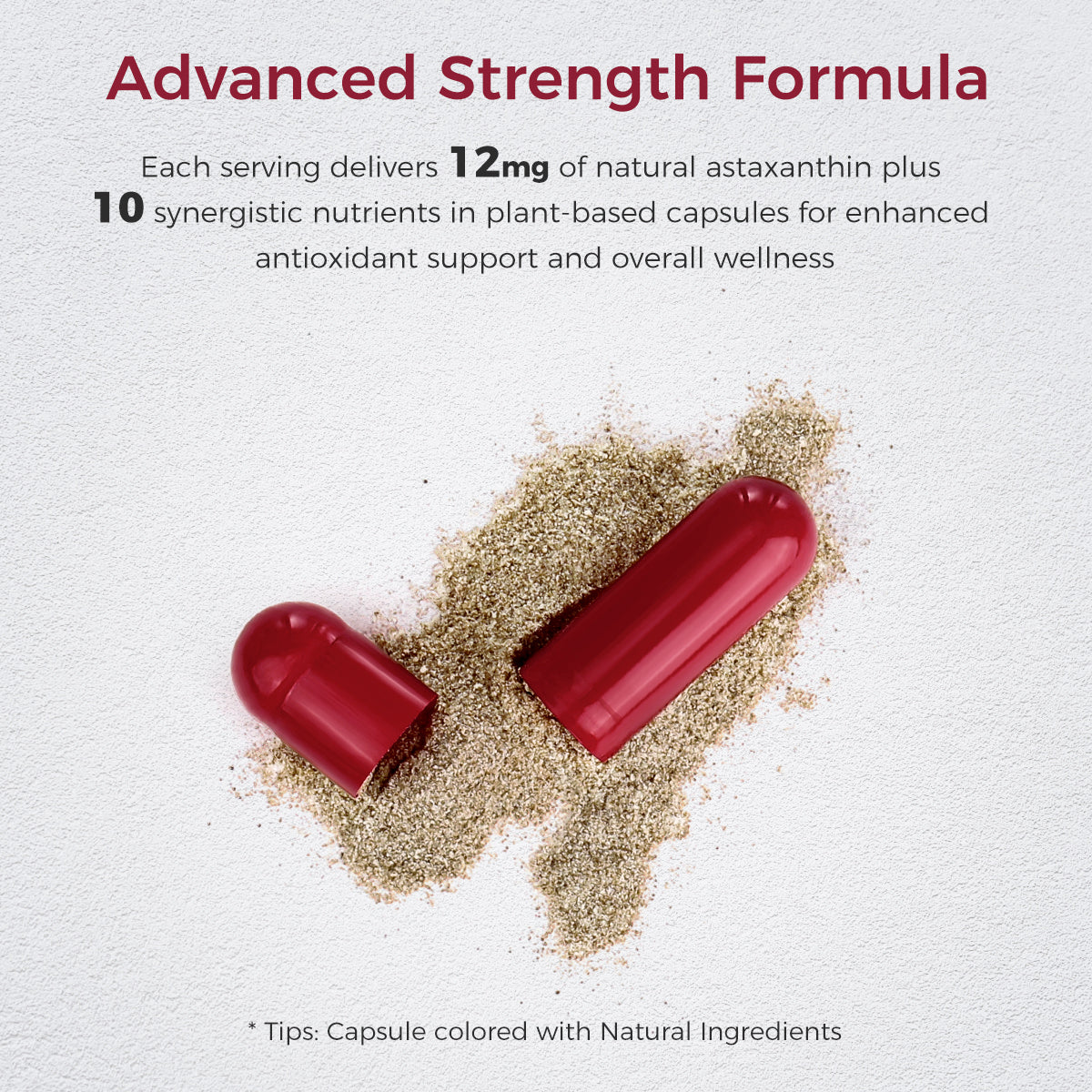 Red capsules on a light gray background with text about an advanced strength formula.