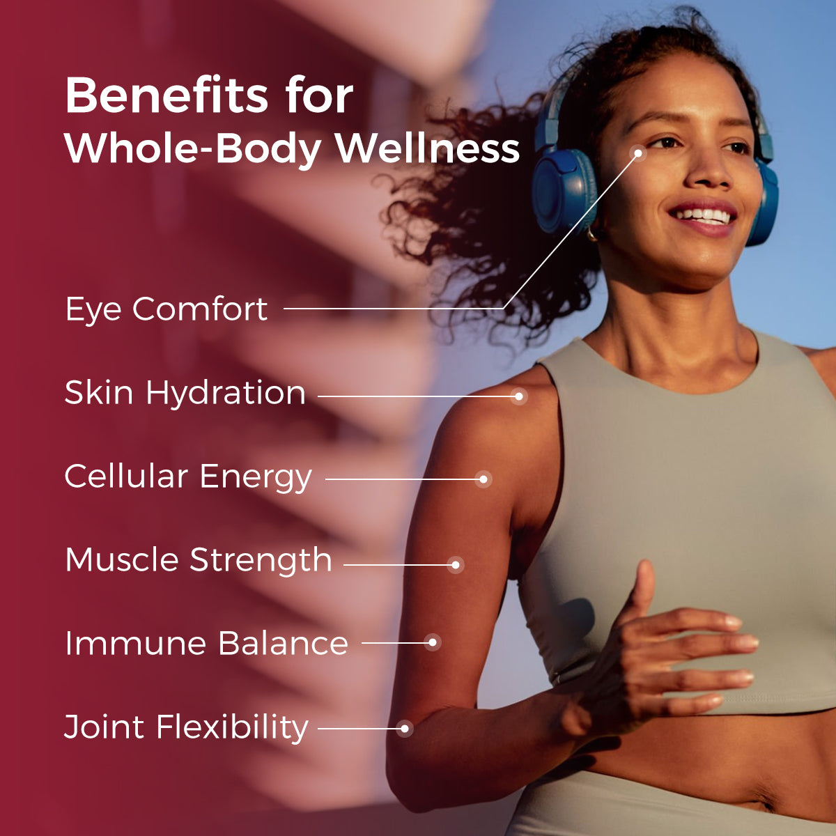 Woman wearing headphones with text on benefits for whole-body wellness.