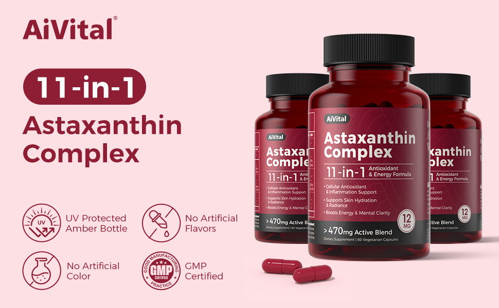 AiVital Astaxanthin Complex supplement bottles on a pink background with product details.
