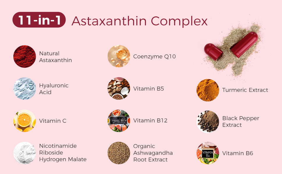 11-in-1 Astaxanthin Complex with various ingredients on a pink background