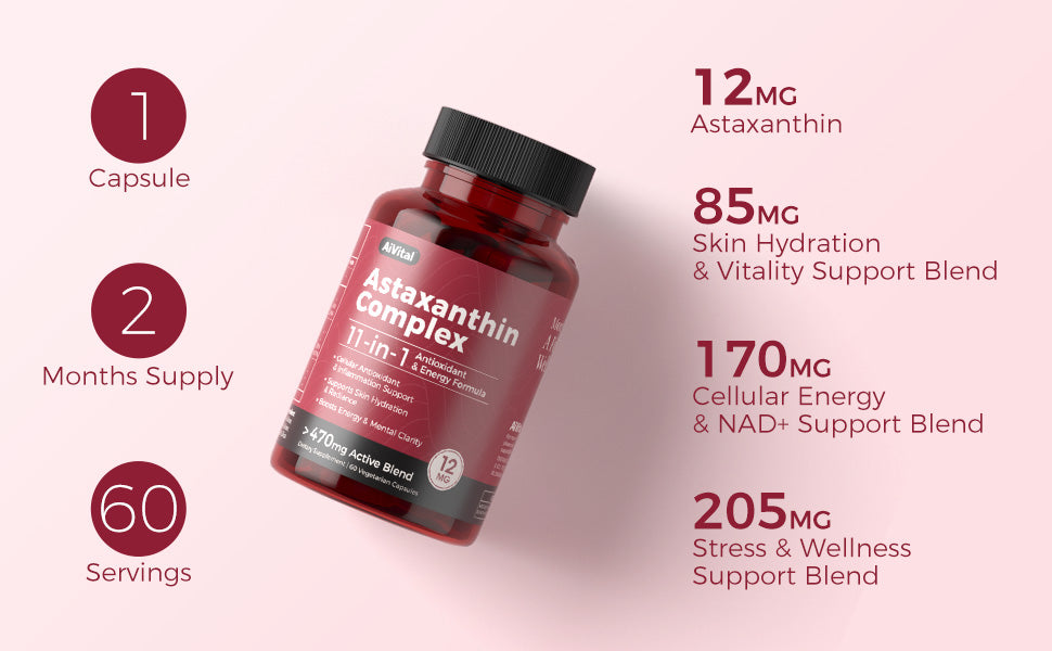 Bottle of Astaxanthin Complex supplement with nutritional information on a light pink background