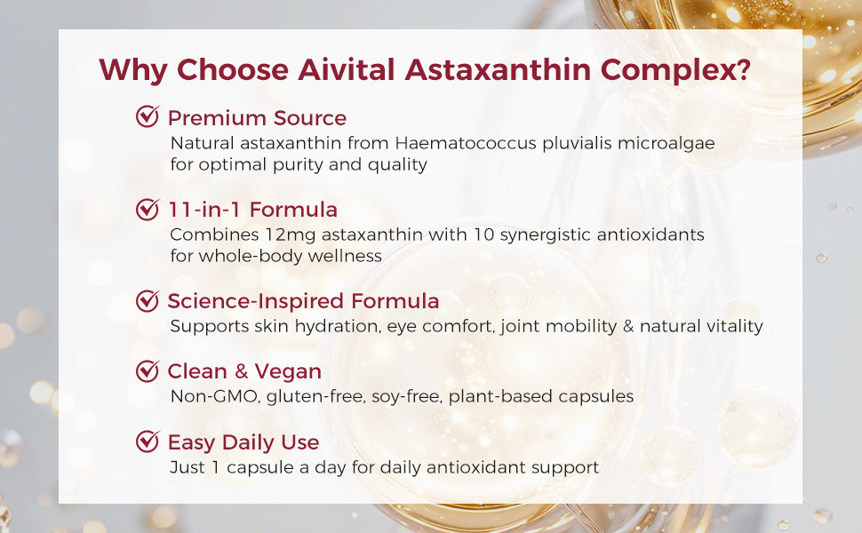 Product information card for Aivital Astaxanthin Complex with benefits listed.