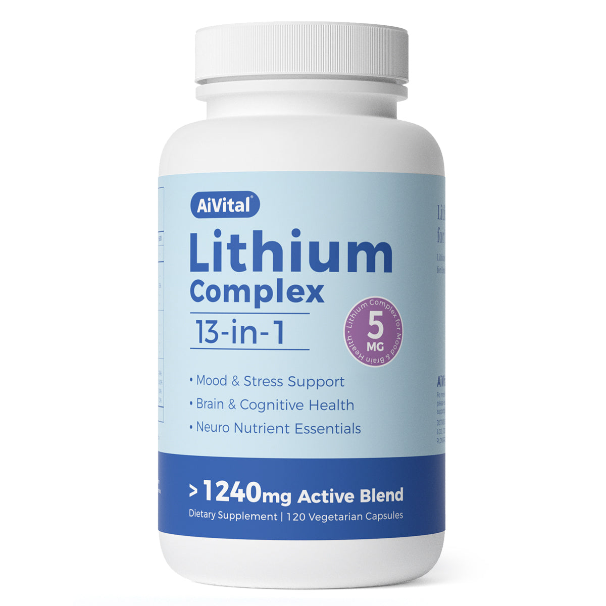 Supplement bottle labeled 'Lithium Complex 13-in-1' by AlVital on a white background