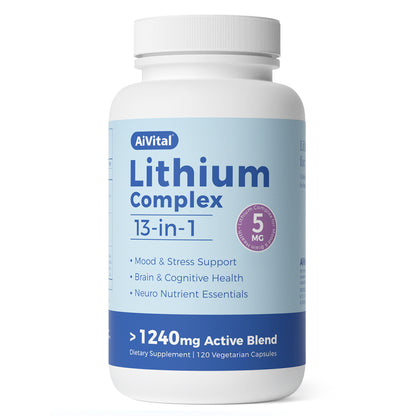 Supplement bottle labeled 'Lithium Complex 13-in-1' by AlVital on a white background