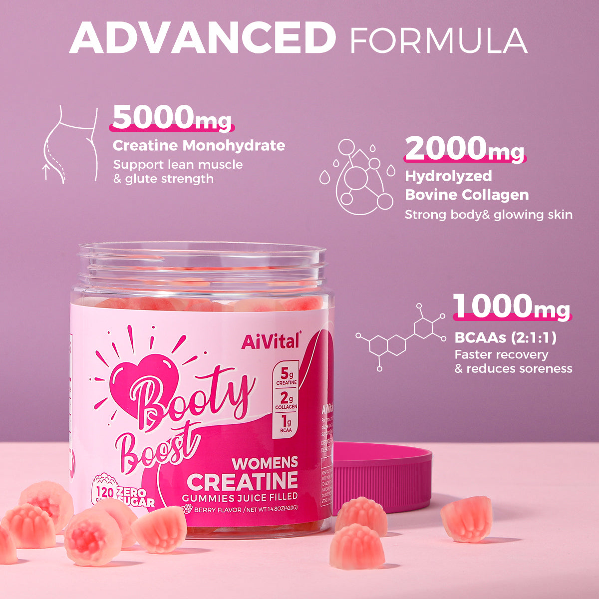 AiVital Booty Boost Women's Creatine Gummies on a pink background with nutritional information.
