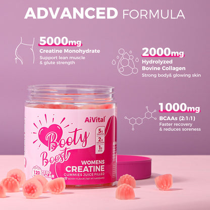 AiVital Booty Boost Women's Creatine Gummies on a pink background with nutritional information.