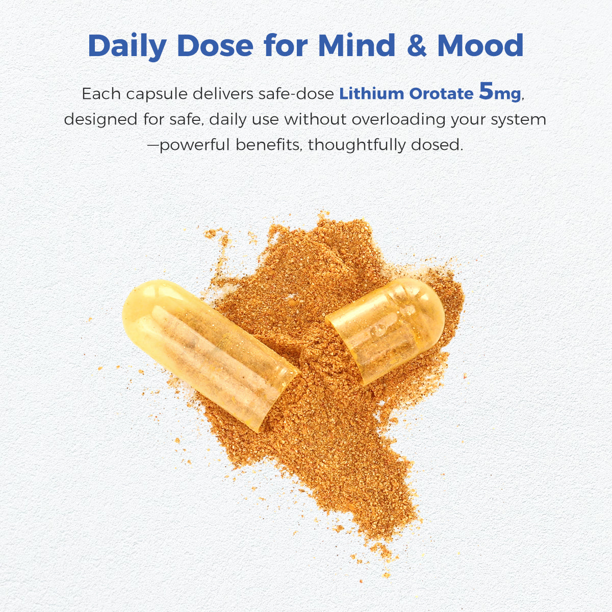 Two capsules and a pile of lithium orotate powder with text about safe-dose lithium orotate 5mg on a light gray background.