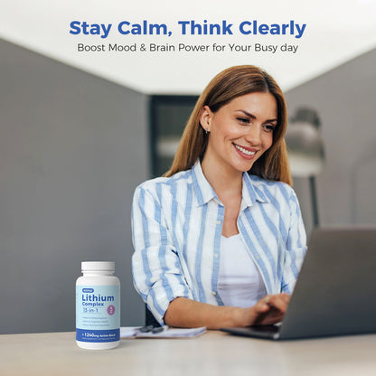 Woman using a laptop with a bottle of lithium complex on a desk, text 'Stay Calm, Think Clearly' above.