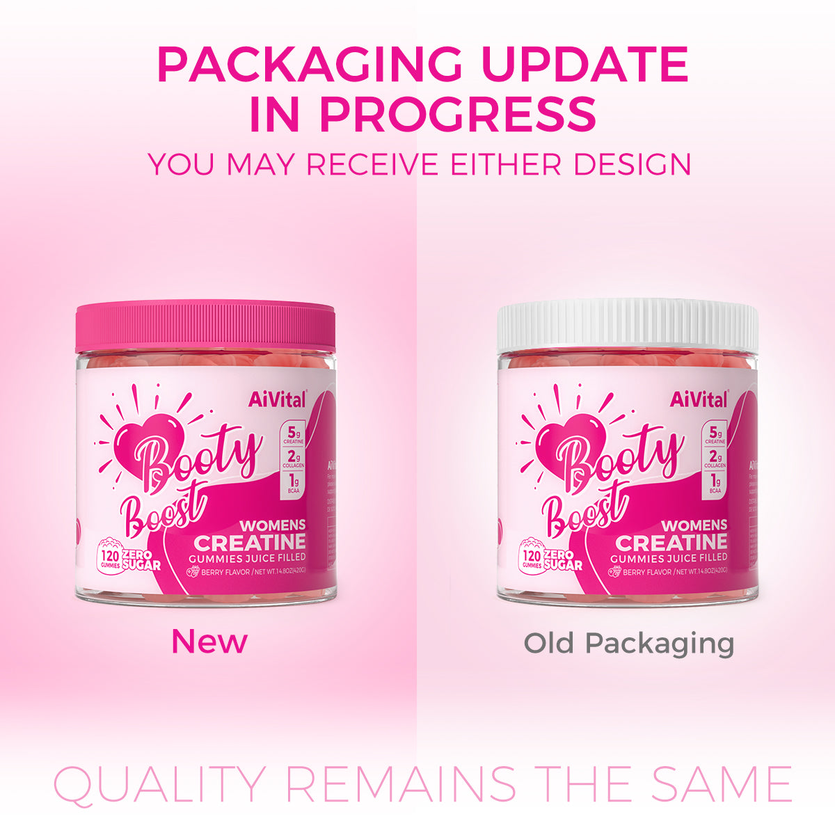 Comparison of new and old packaging for AiVital Booty Boost women's creatine gummies on a pink background.