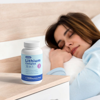 Woman sleeping with a bottle of AllVital Lithium Complex 13-in-1 supplement on a wooden surface.