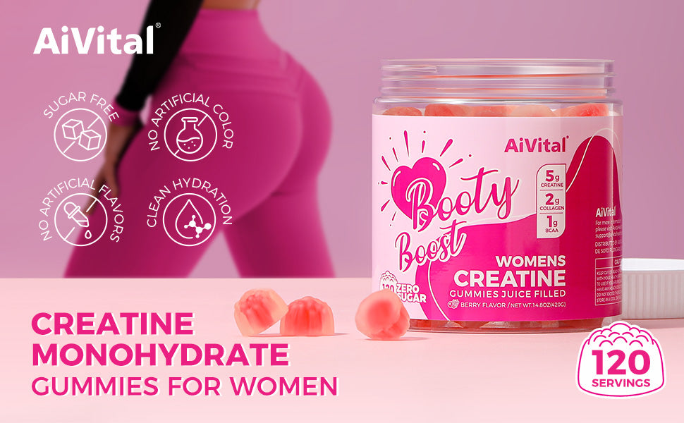 AiVital Booty Boost creatine gummies for women with a pink background
