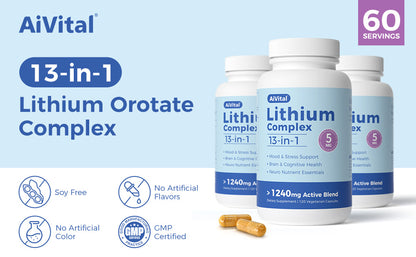 AiVital Lithium Orotate Complex supplement bottles with packaging details on a light blue background