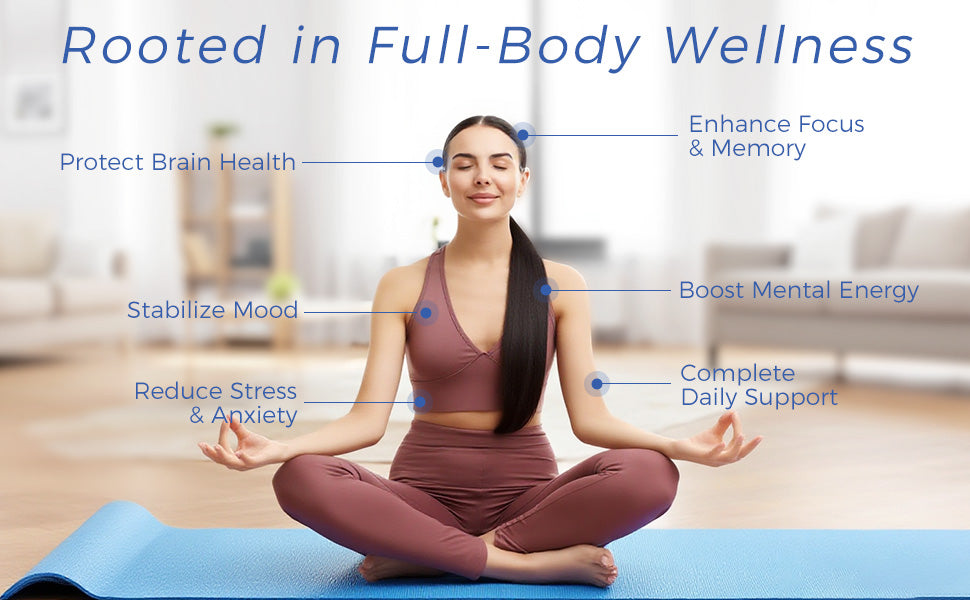 Woman in yoga pose with wellness benefits listed above her