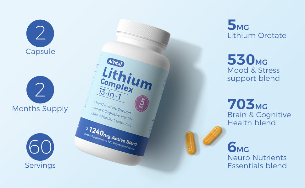 Avitae Lithium Complex supplement bottle with nutritional information on a light blue background